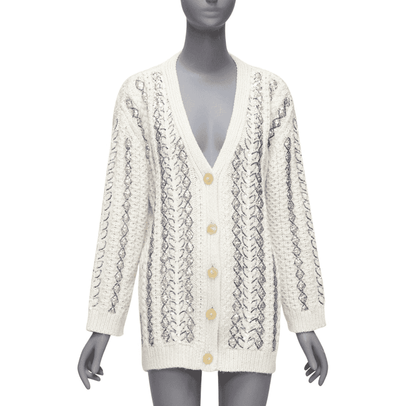 Valentino Garavani Sequin Logo Cardigan Beige Wool Never worn - Front View
