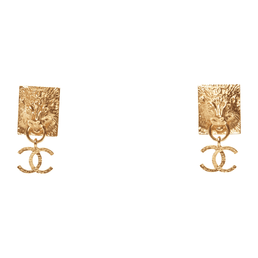Chanel Lion Head Earrings Gold Metal Never worn - Front View