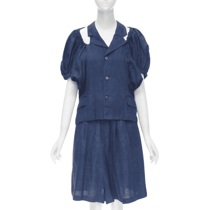 Comme Des Garcons Ruched Shorts Set Blue Linen Very good condition - Front View