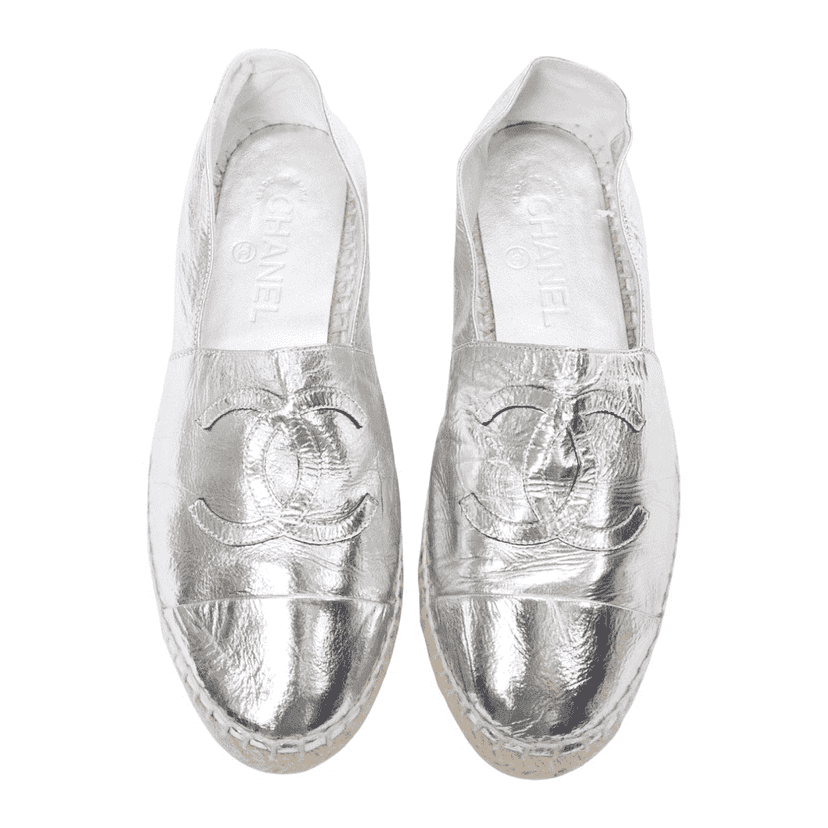 Chanel Woven Leather Flats Silver Leather Good condition - Front View