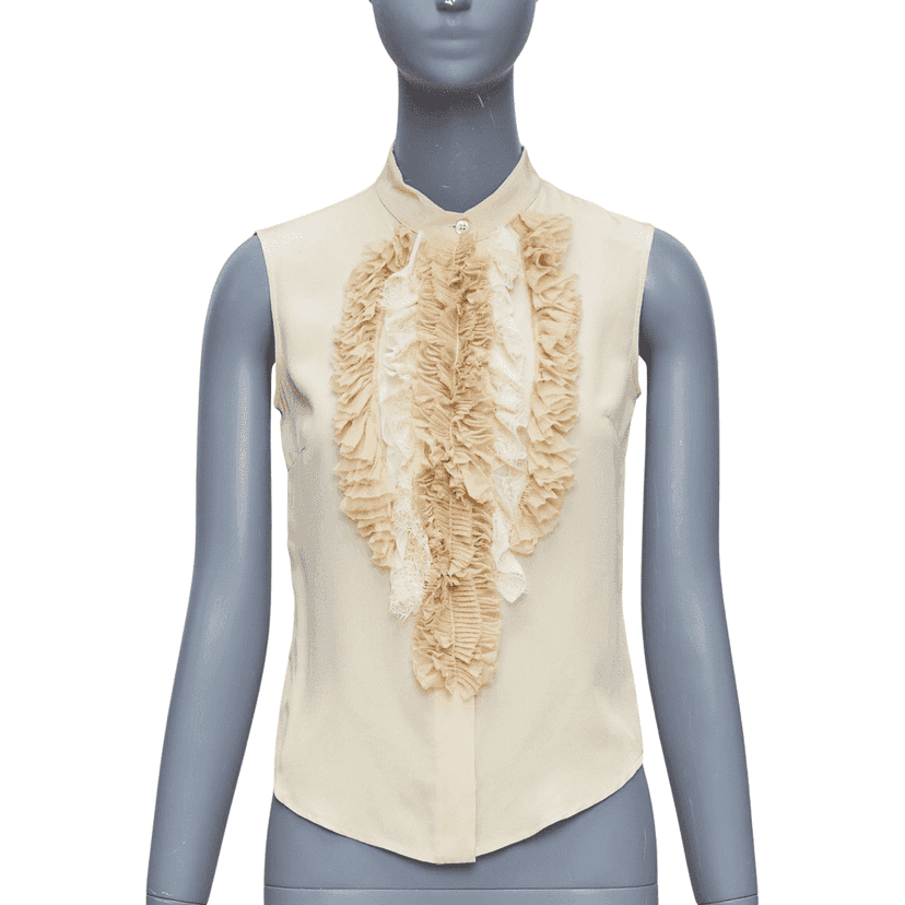 Prada Ruffle Sleeveless Shirt Beige Silk Never worn - Front View