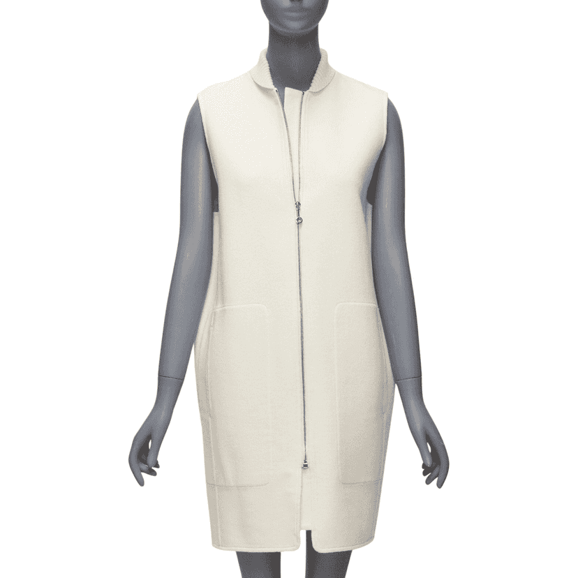 Hermès Cream Ribbed Sleeveless Coat Ecru Cashmere Never worn - Front View
