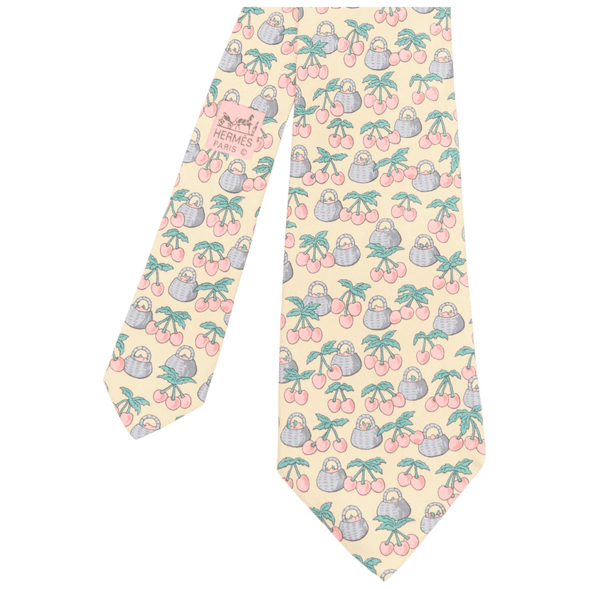 Hermès Cherry Basket Tie Beige Silk Very good condition - Front View
