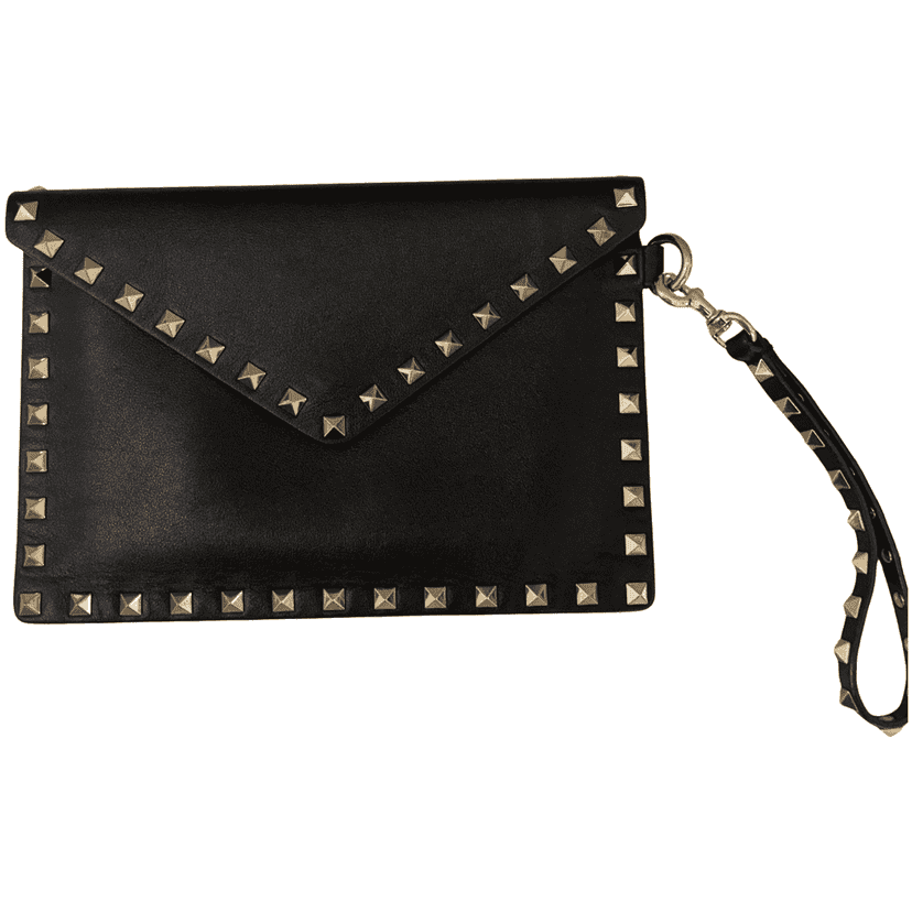 Valentino Garavani Rockstud Clutch Black Leather Gold Very good condition - Front View