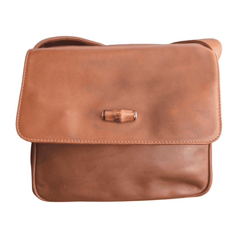 Gucci Vintage Bamboo Messenger Crossbody Brown Leather Wood Good condition - Front View