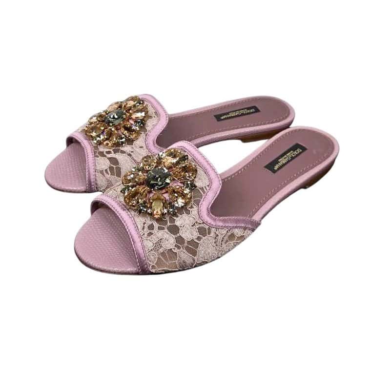 Dolce & Gabbana Lace rainbow sliders with brooch Pink Leather Never worn, with tag - Front View