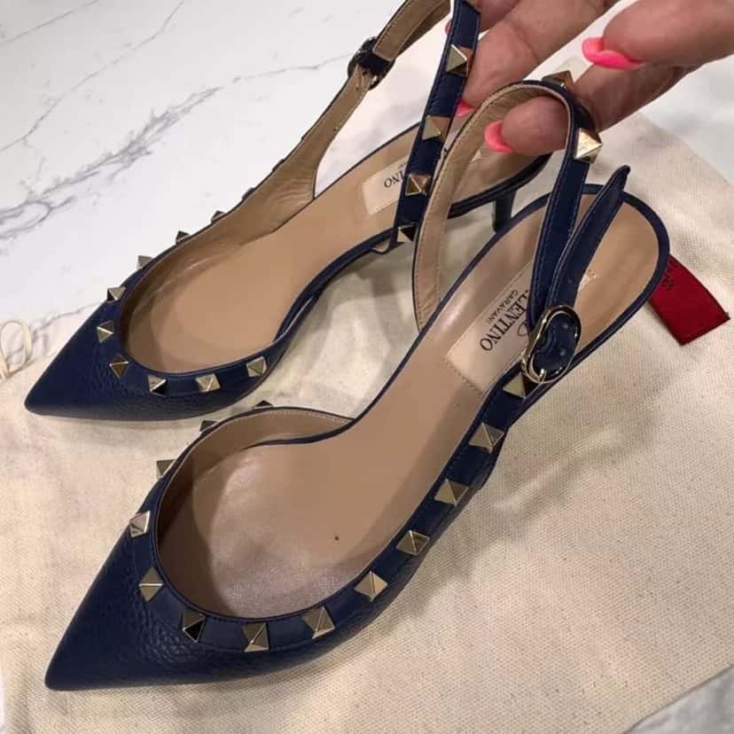 Valentino Garavani Kitten Heels Slingback Blue Leather Very good condition - Back View