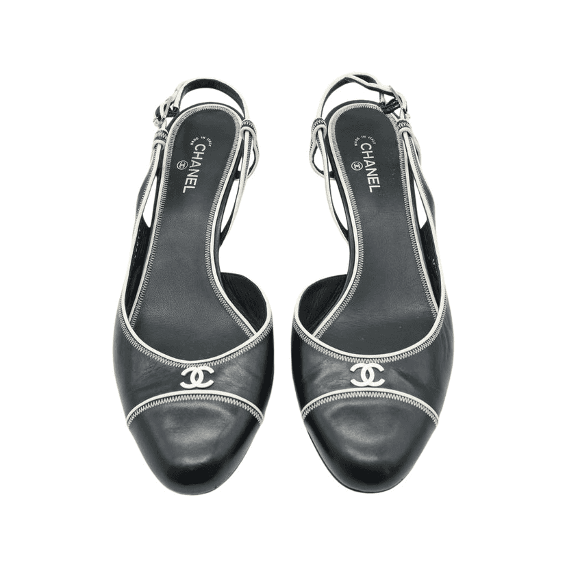 Chanel Slingback Pumps CoCo Round Toe Black & Beige Leather 08C F G25871 Size 41 Black Leather Fair condition - Front View