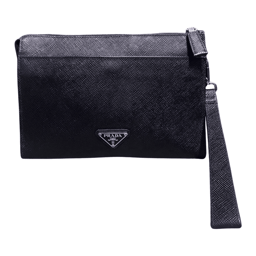 Prada Saffiano Triangleplaque Clutch Black Leather Never worn - Front View