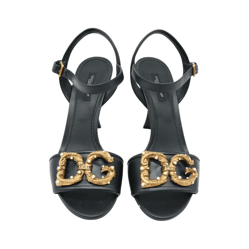 Dolce & Gabbana Sandals With D&G Amore Logo Calfskin Size 38 Black Leather Fair condition - Front View