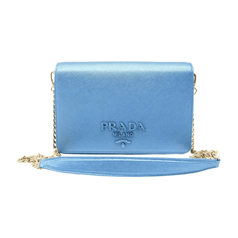 Prada Saffiano Leather Zip Around Wallet On Chain Blue Fair condition - Front View