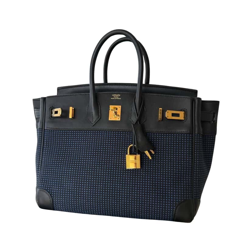Hermès Birkin 25 Toile Quadrille Navy Leather Very good condition - Front View