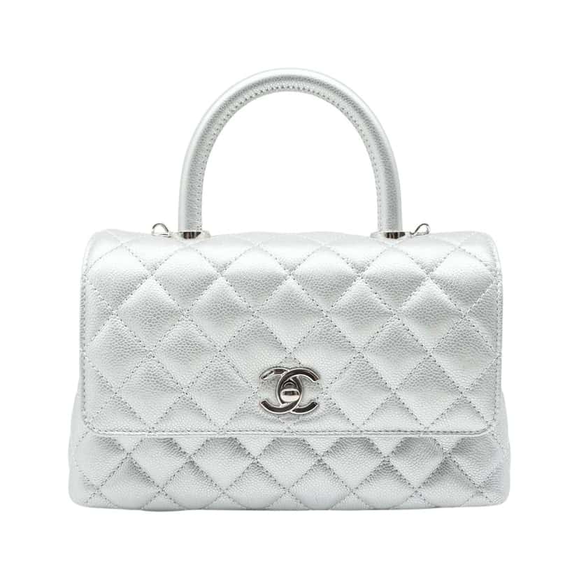 Chanel Coco Handle Flap Mini Metallic Caviar Quilted Silver Silver Leather Good condition - Front View