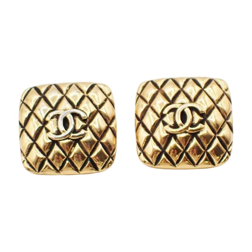 Chanel Vintage CC Square Clip-On Earrings Gold Good condition - Front View