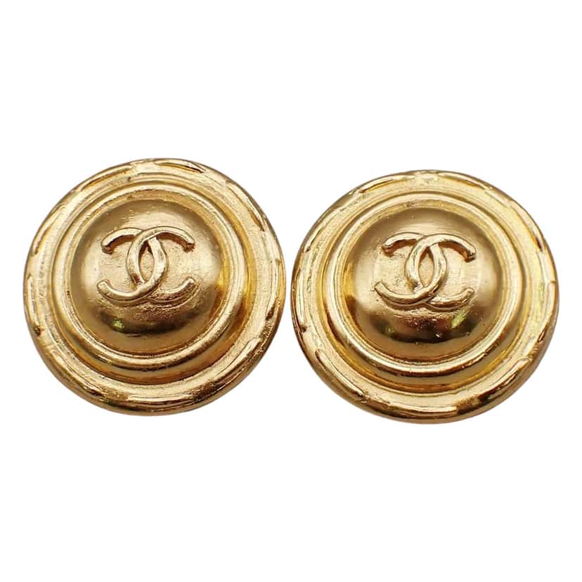 Chanel Vintage CC Round Button Clip-On Earrings Gold Fair condition - Front View