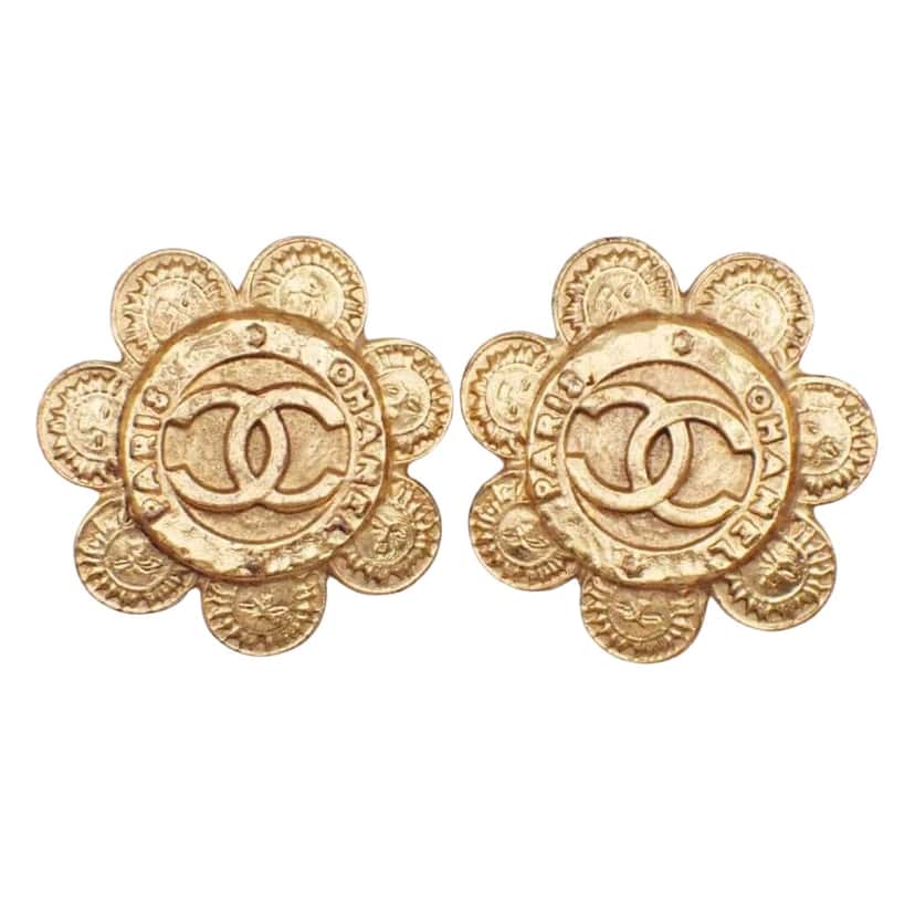 Chanel Vintage CC Flower Clip-On Earrings Gold Good condition - Front View