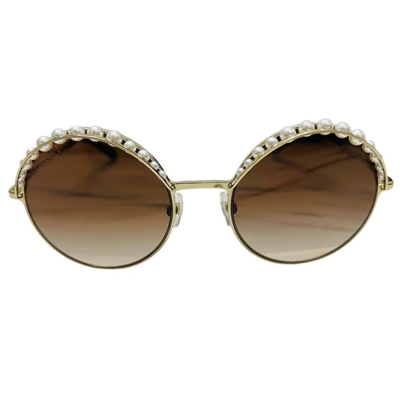 Chanel Pearl Round Sunglasses Gold Stainless steel Polycarbonate Very good condition - Front View