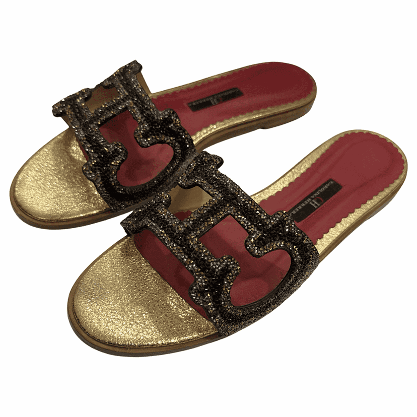 Carolina Herrera CH Crystal Slides Gold Leather Very good condition - Front View