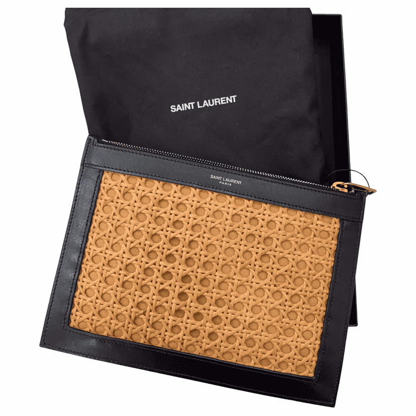 Saint Laurent Raffia Clutch Black Rattan Gold Very good condition - Front View