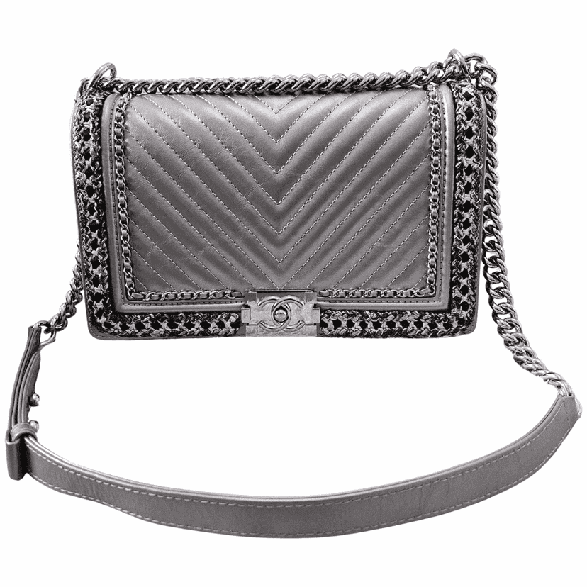 Chanel Boy Silver Leather Silver Good condition - Front View