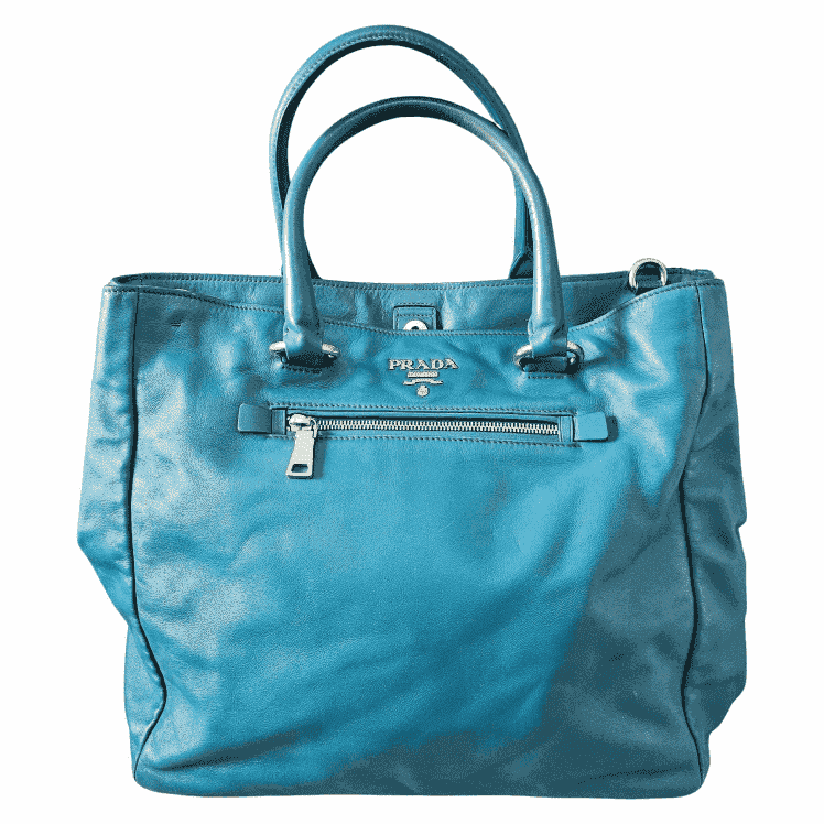 Prada Shopper Tote Blue Leather Gold Good condition - Front View