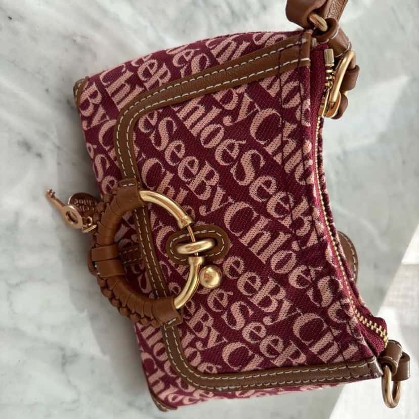 See by Chloé Joan Monogram Bag Burgundy Canvas Gold Never worn, with tag - Model View