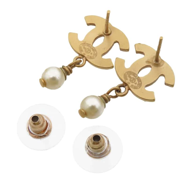 Chanel CC Gold Plated Faux Pearl Swing Push Back Earrings Gold Metal Very good condition - Back View