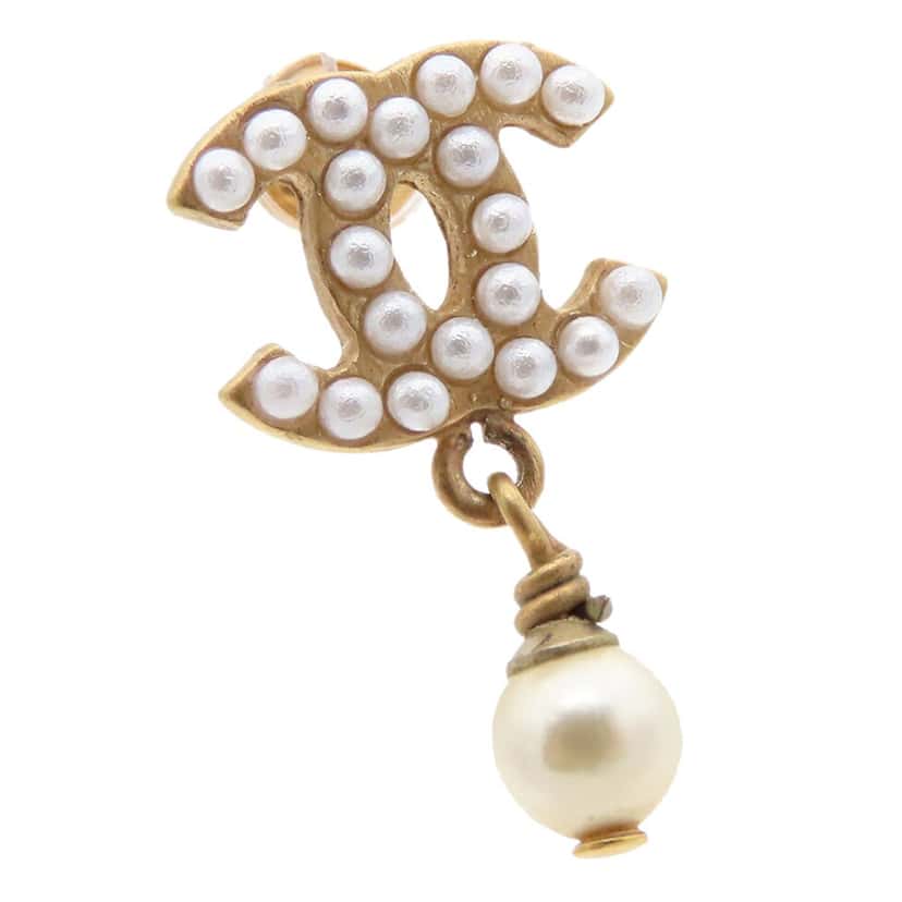 Chanel CC Gold Plated Faux Pearl Swing Push Back Earrings Gold Metal Very good condition - Inside View