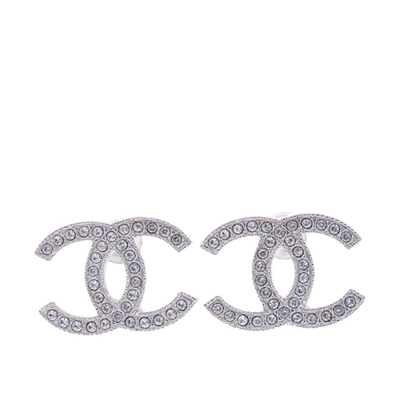 Chanel Silver Rhinestones CC Push Back Earrings Silver Metal Good condition - Front View