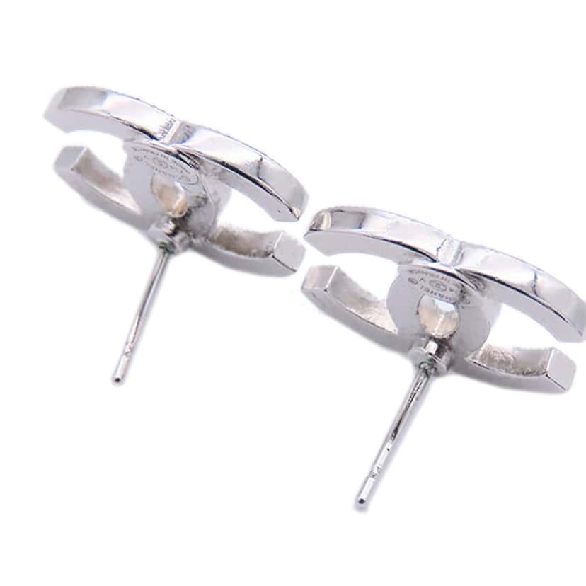 Chanel Silver Rhinestones CC Push Back Earrings Silver Metal Good condition - Inside View