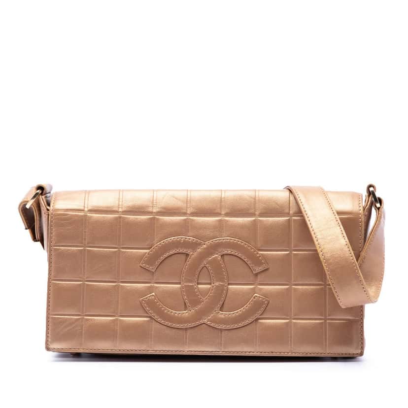 Chanel CC Chocolate Bar Metallic Lambskin Shoulder Bag Gold Leather Very good condition - Front View