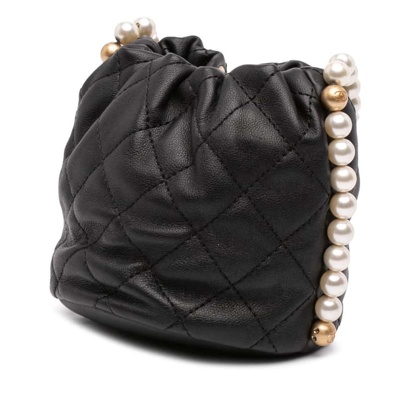 Chanel Mini Quilted Calfskin About Pearls Drawstring Bucket Bag Black Leather Very good condition - Back View