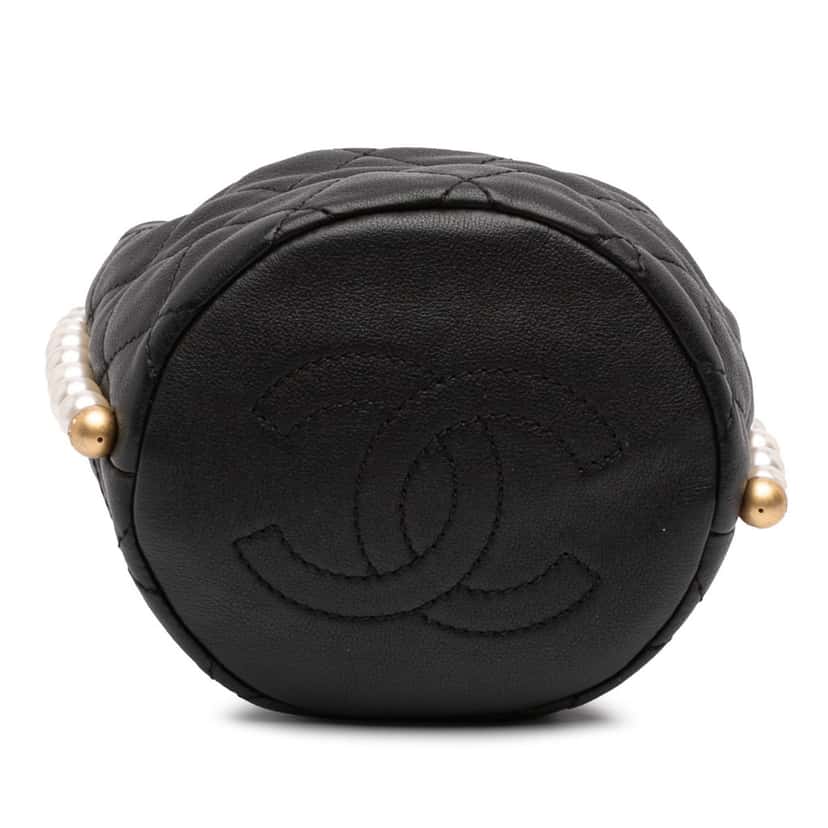 Chanel Mini Quilted Calfskin About Pearls Drawstring Bucket Bag Black Leather Very good condition - Inside View