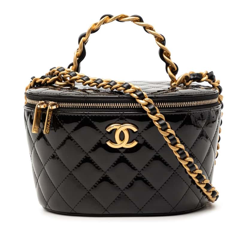 Chanel Quilted Patent Afternoon Tea Vanity Case with Chain Black Leather Very good condition - Front View