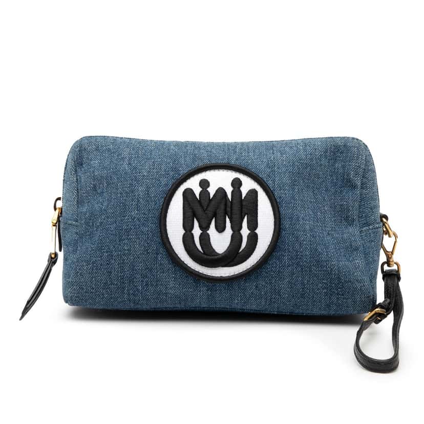 Miu Miu Denim Embroidered Logo Wristlet Pouch Blue Very good condition - Front View