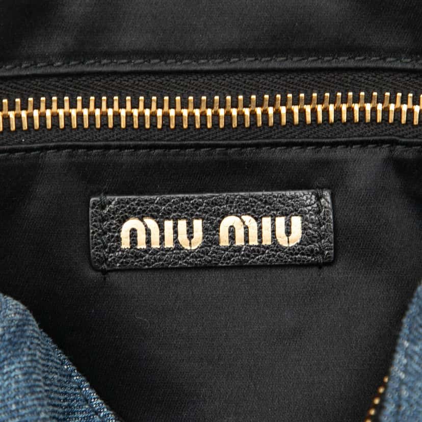 Miu Miu Denim Embroidered Logo Wristlet Pouch Blue Very good condition - Box View