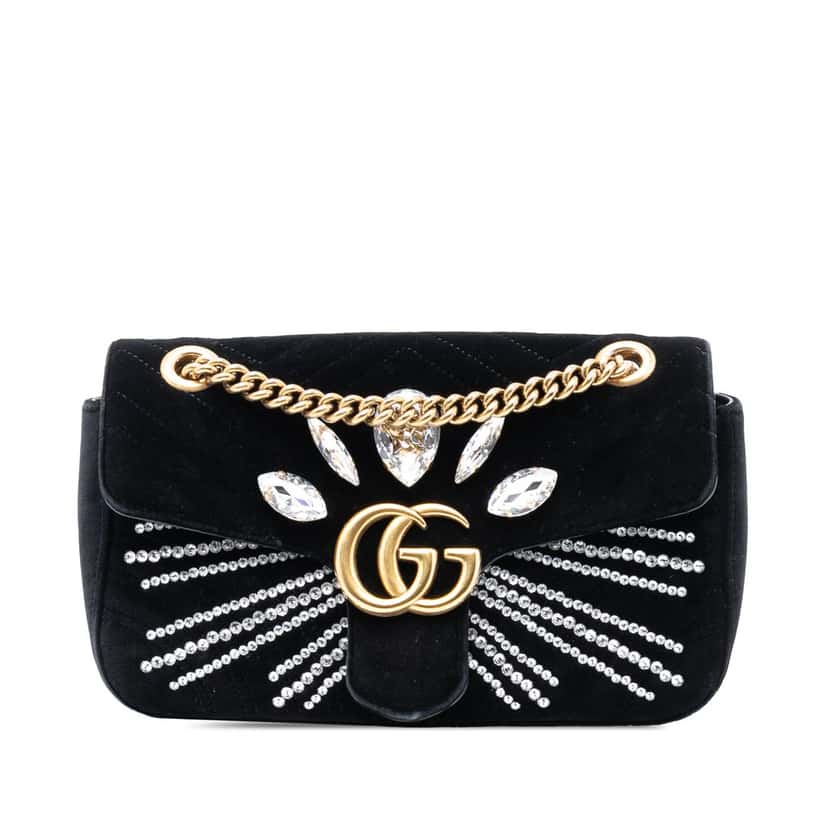 Gucci Medium GG Marmont Matelasse Velvet Crystal Embellished Shoulder Bag Black Very good condition - Front View