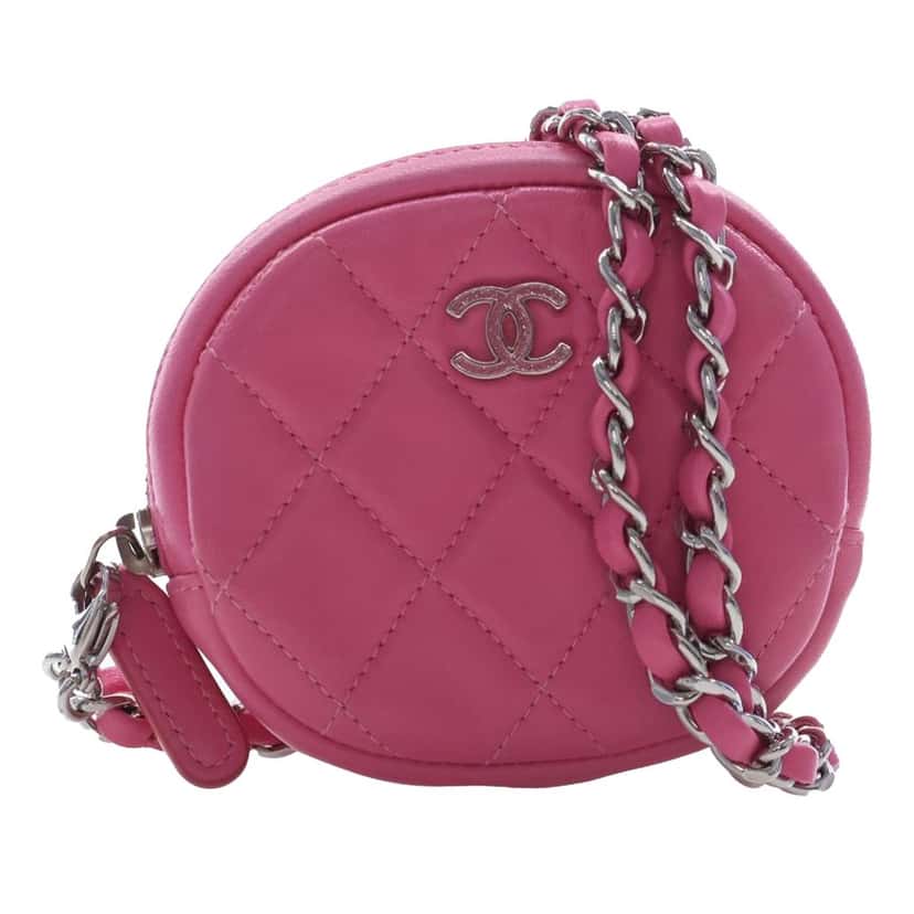 Chanel CC Quilted Lambskin Zip Around Coin Pouch with Chain Pink Leather Very good condition - Front View