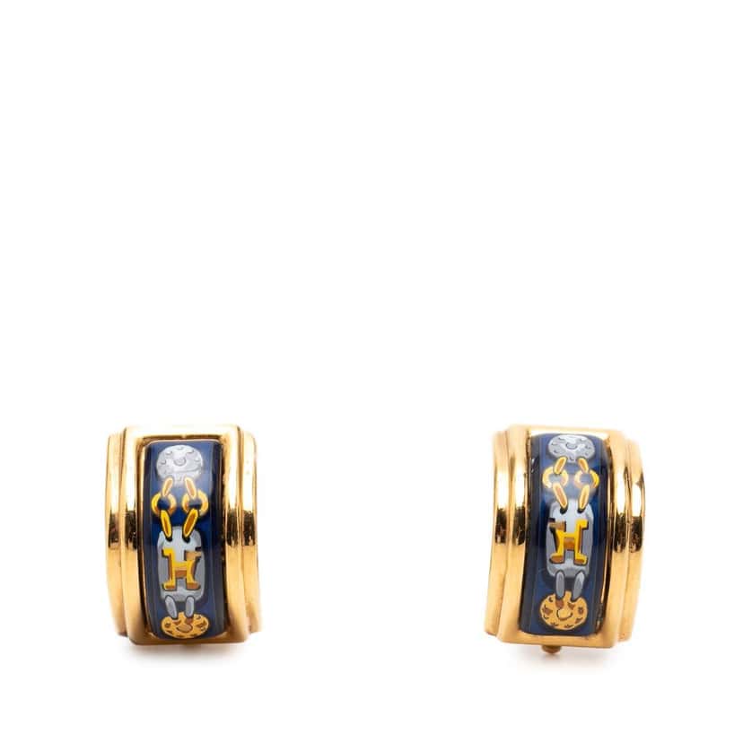 Hermès Gold Plated Enamel Cloisonne Clip On Earrings Blue Very good condition - Front View