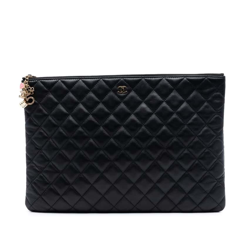 Chanel Large Quilted Lambskin Casino Charms O Case Clutch Black Leather Very good condition - Front View