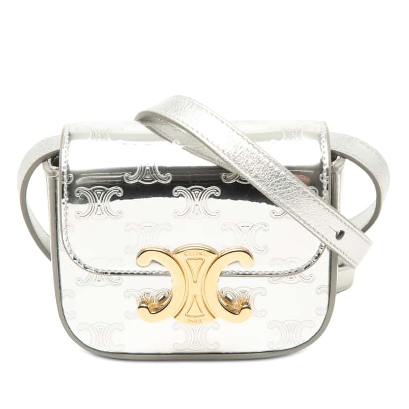 Celine Mini Triomphe Metallic Calfskin Claude Crossbody Silver Leather Very good condition - Front View