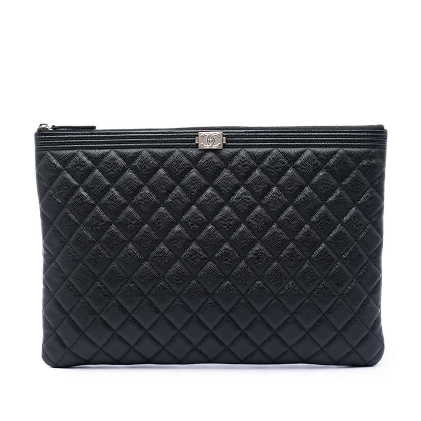 Chanel Large Quilted Caviar Boy O Case Clutch Black Leather Very good condition - Front View