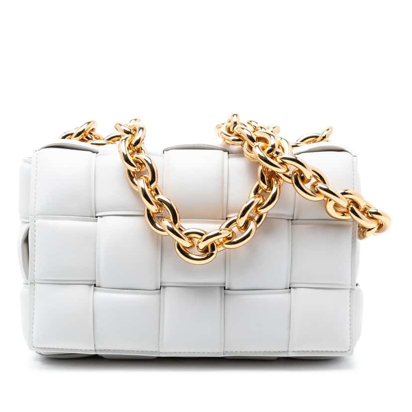 Bottega Veneta Nappa Intrecciato Padded Chain Cassette Satchel White Leather Very good condition - Front View
