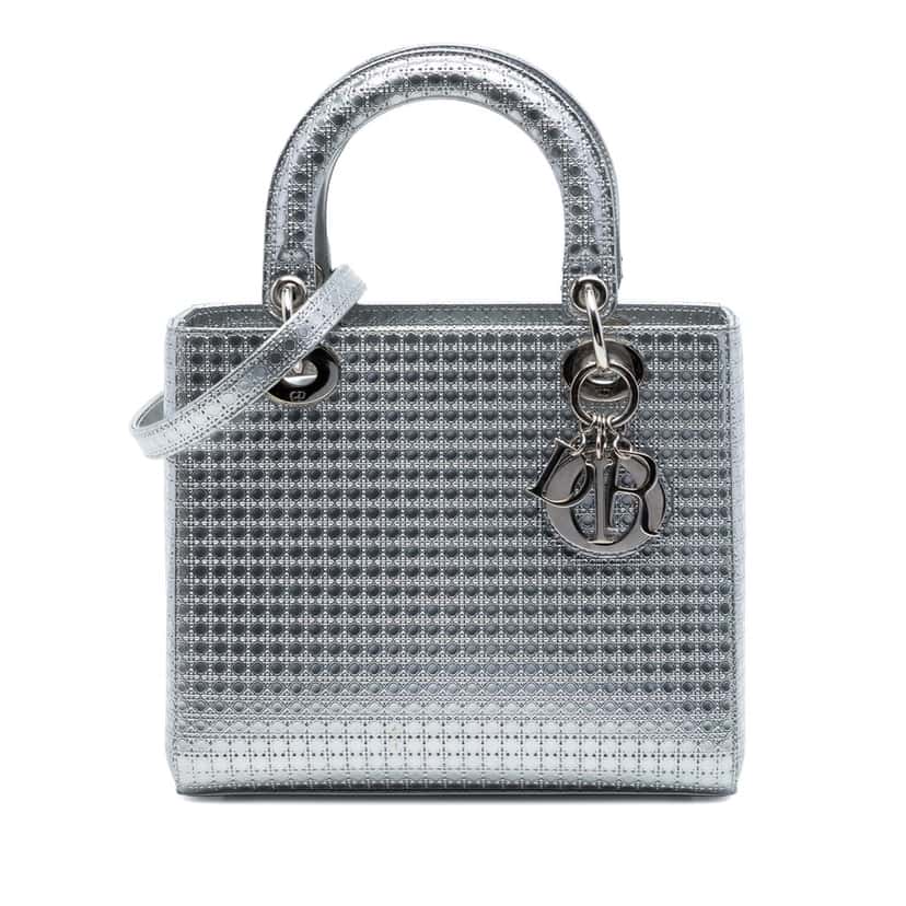 Dior Medium Metallic Patent Microcannage Lady Dior Silver Leather Very good condition - Front View