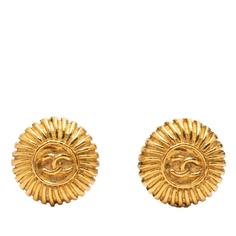 Chanel Gold Plated CC Sunburst Clip On Earrings
