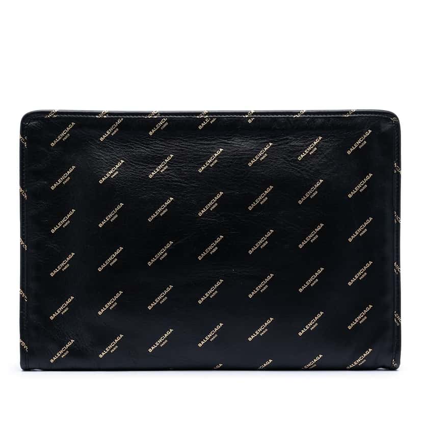 Balenciaga Lambskin Allover Logo Zip Pouch Black Leather Very good condition - Front View