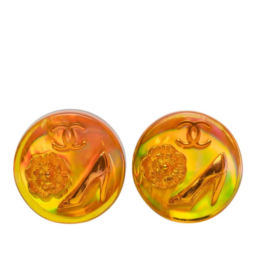 Chanel Gold Plated Resin CC Camellia Button Clip On Earrings Orange Plastic Very good condition - Front View
