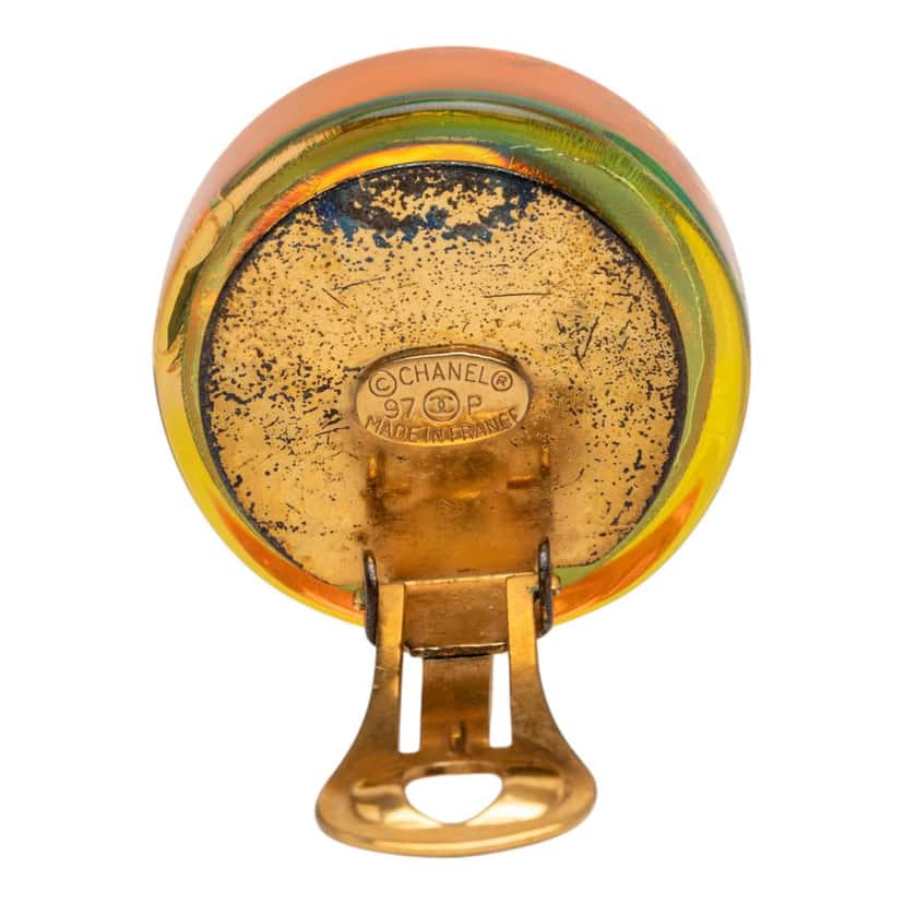 Chanel Gold Plated Resin CC Camellia Button Clip On Earrings Orange Plastic Very good condition - Inside View