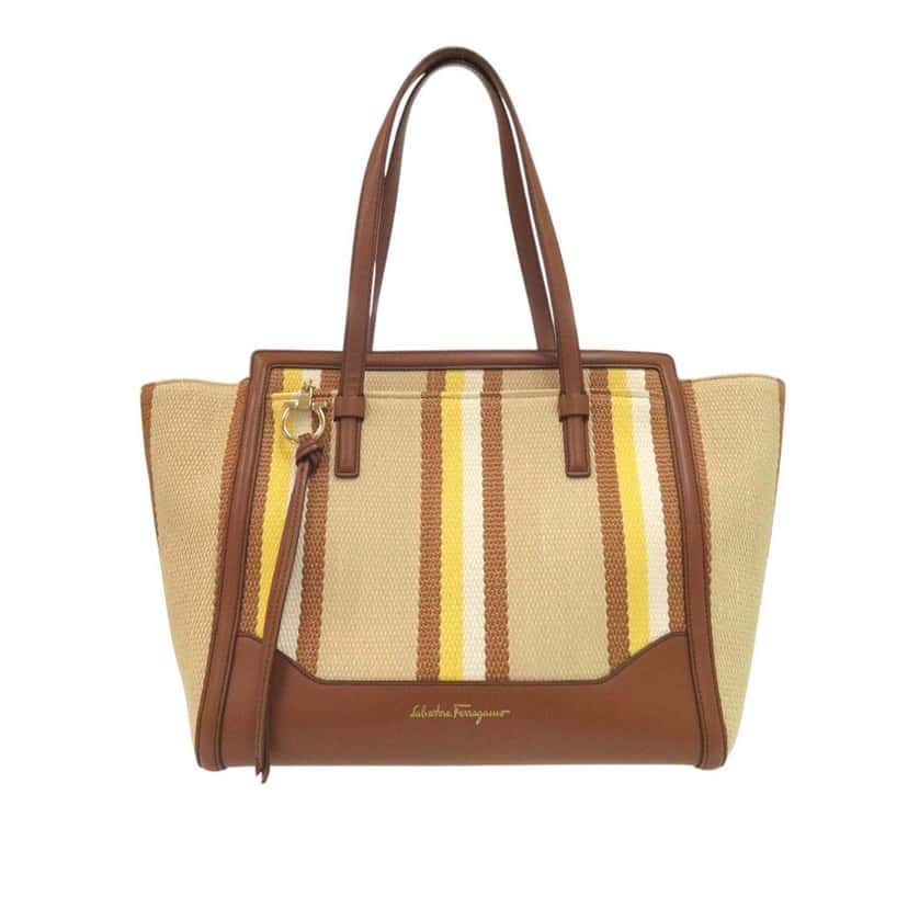 Ferragamo Medium Striped Canvas and Leather Amy Tote Beige Very good condition - Front View