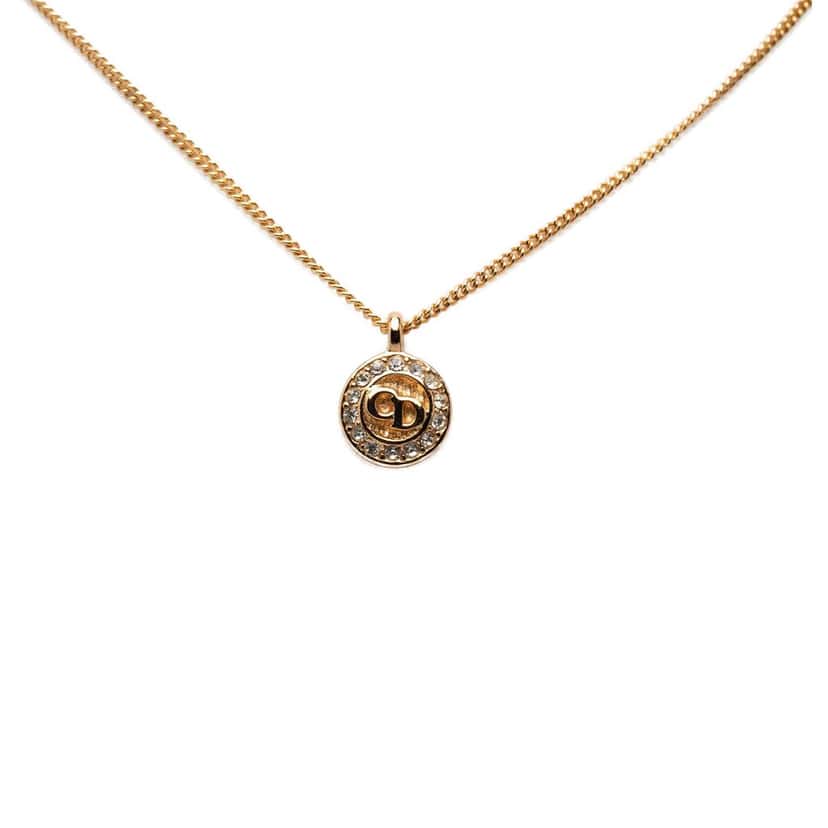 Dior Gold Plated Strass CD Round Pendant Necklace Gold Metal Very good condition - Front View
